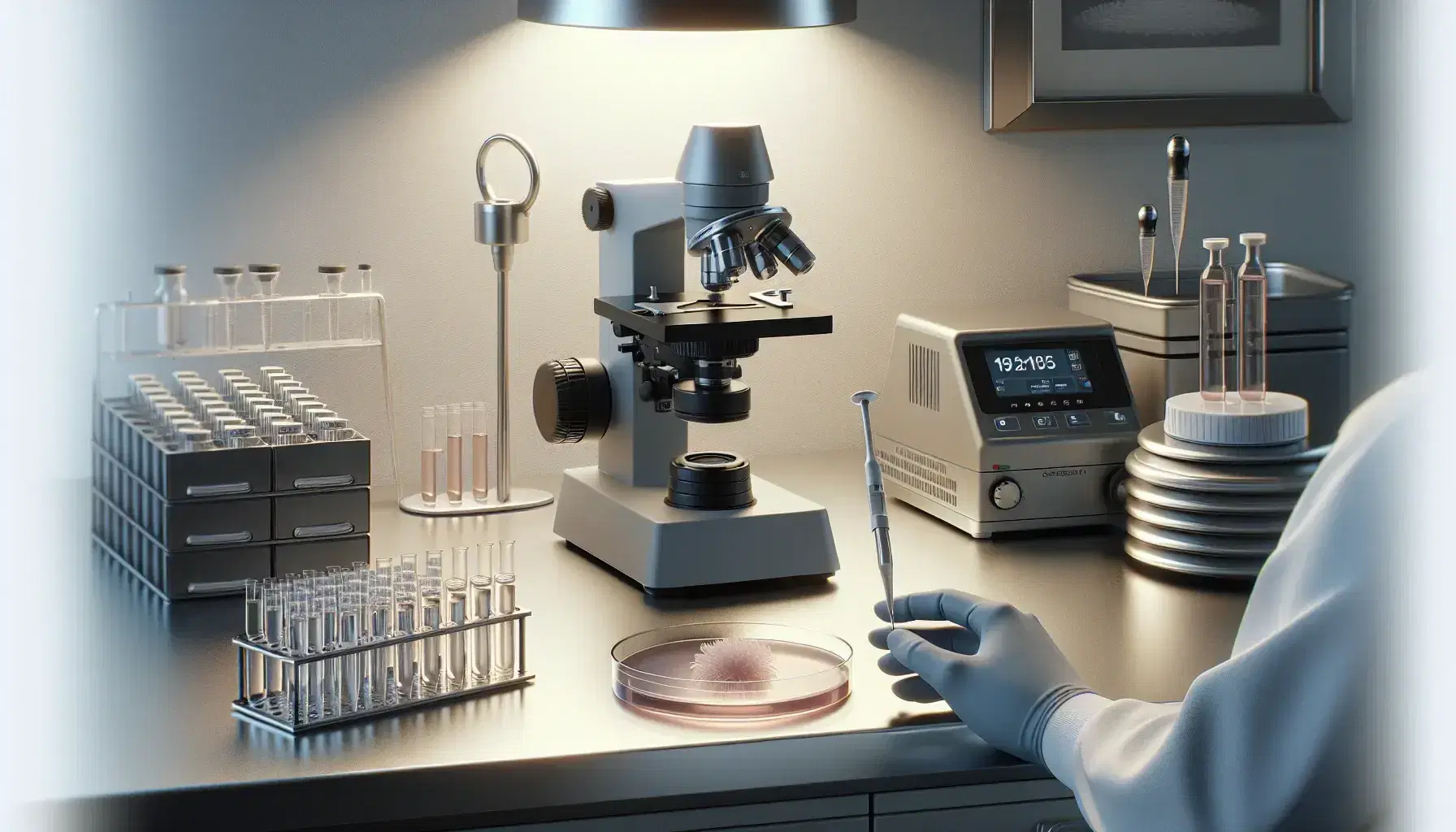 Laboratory workbench with microscope, petri dish with pink gel, pipette in gloved hand, vials of clear liquid, centrifuge, and hanging lab coat.