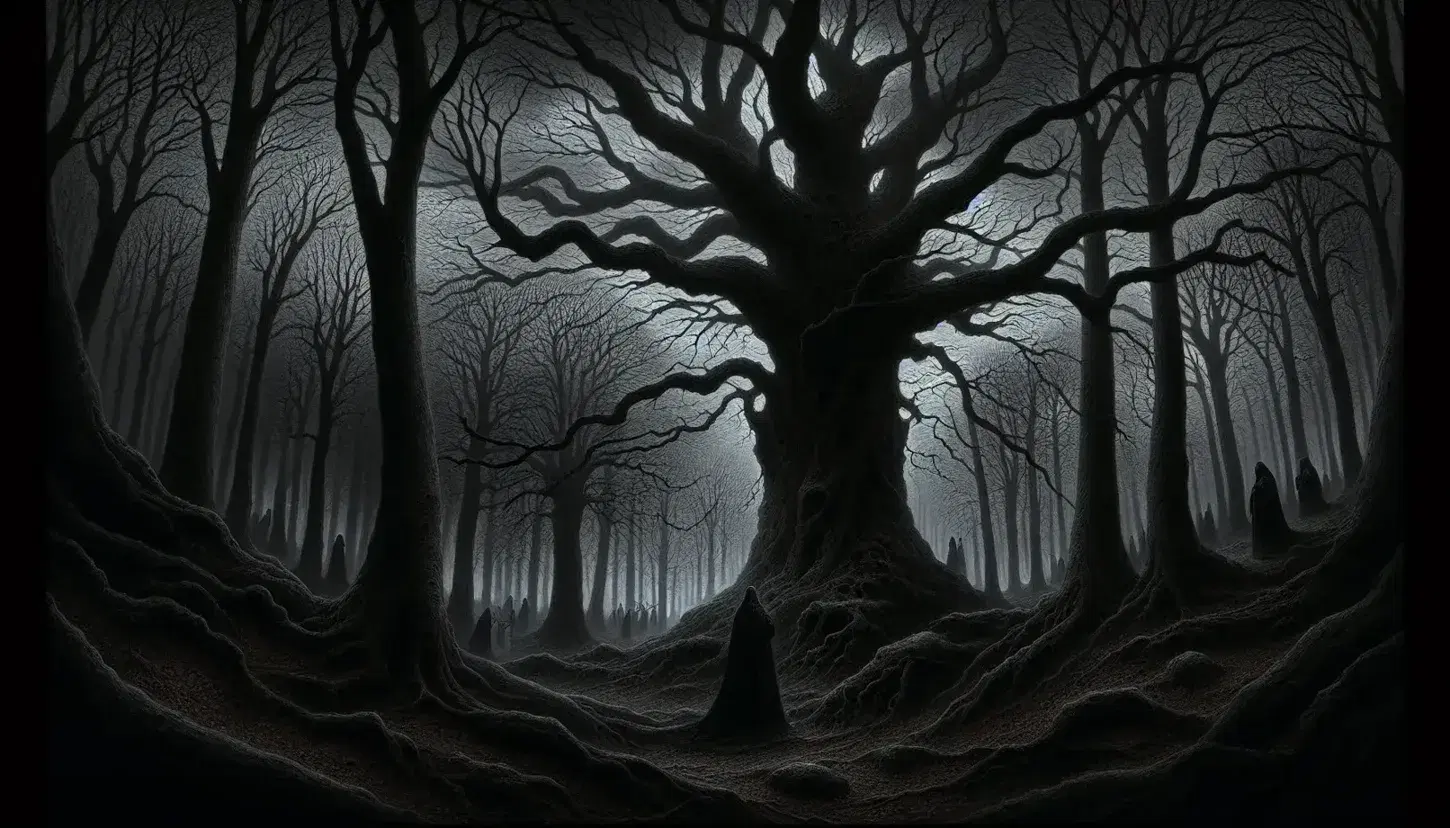 Bosco fitto con albero spoglio e rami contorti, figura umana in abiti medievali avanza tra foglie morte sotto cielo grigio e opprimente.
