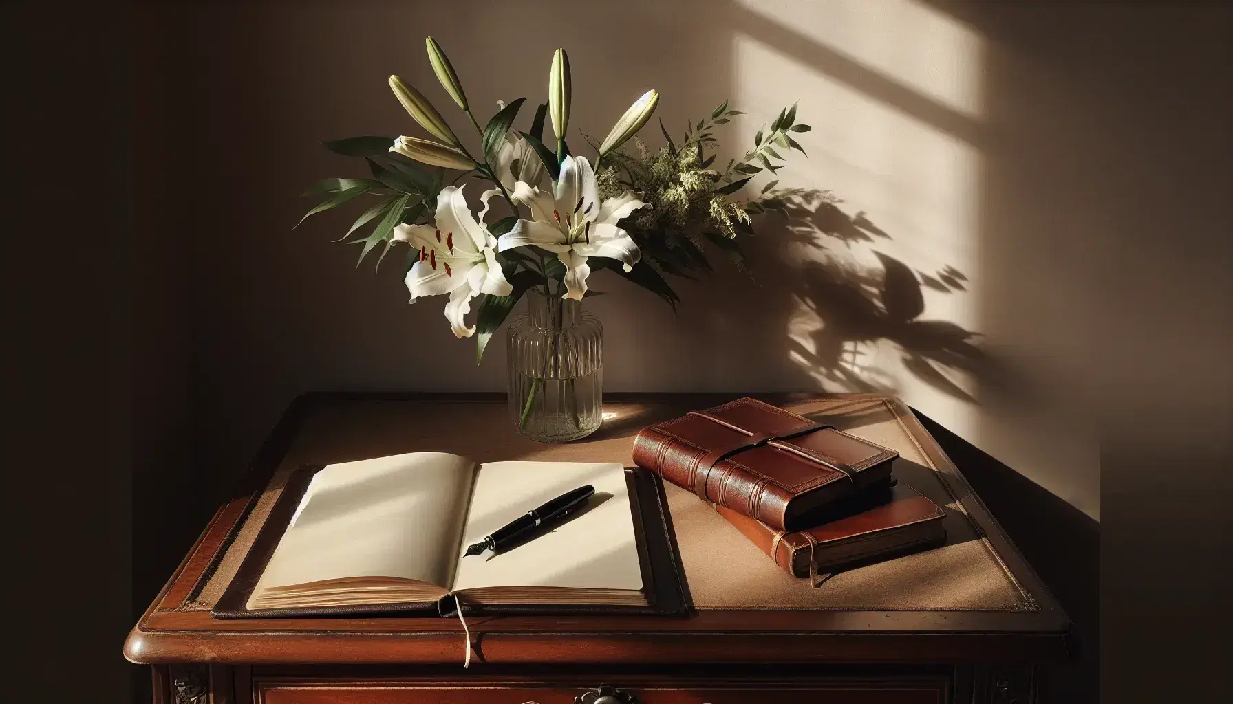 Vintage wooden desk with open leather journal, black fountain pen, and vase of white lilies in soft natural light, evoking a serene writing space.