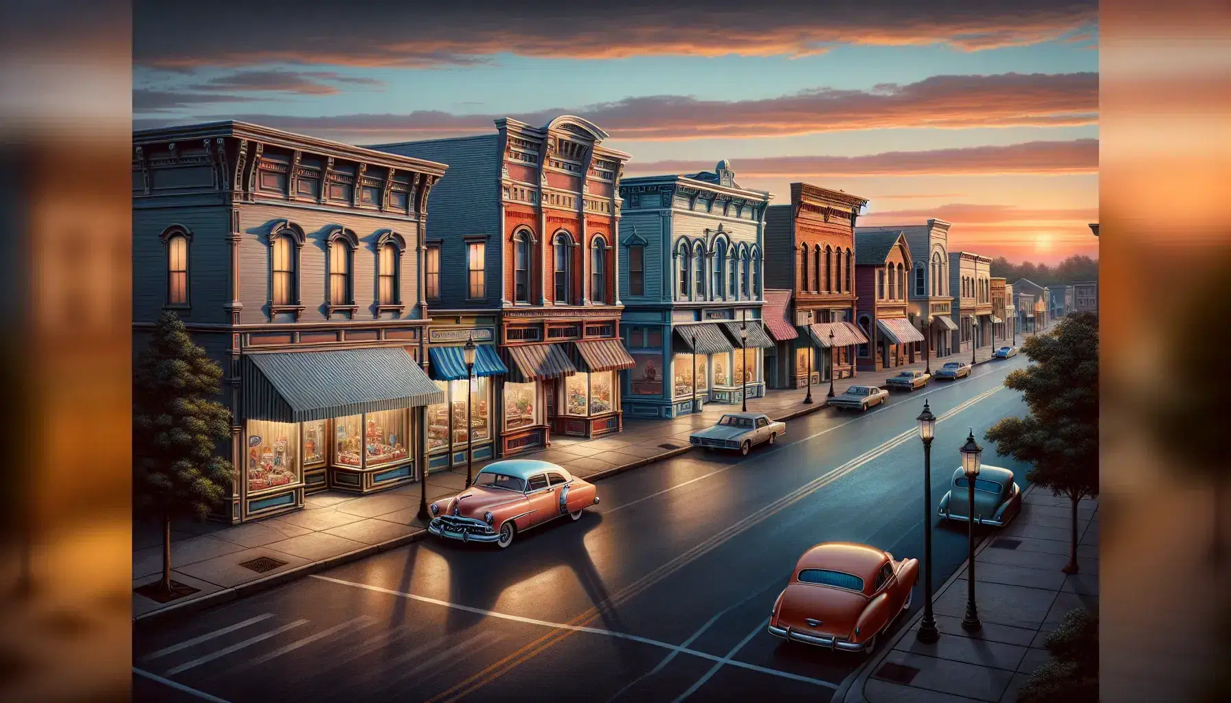 Quaint American small town main street at dusk with diverse building styles, parked classic cars, pedestrians, a fountain, and a sunset sky.