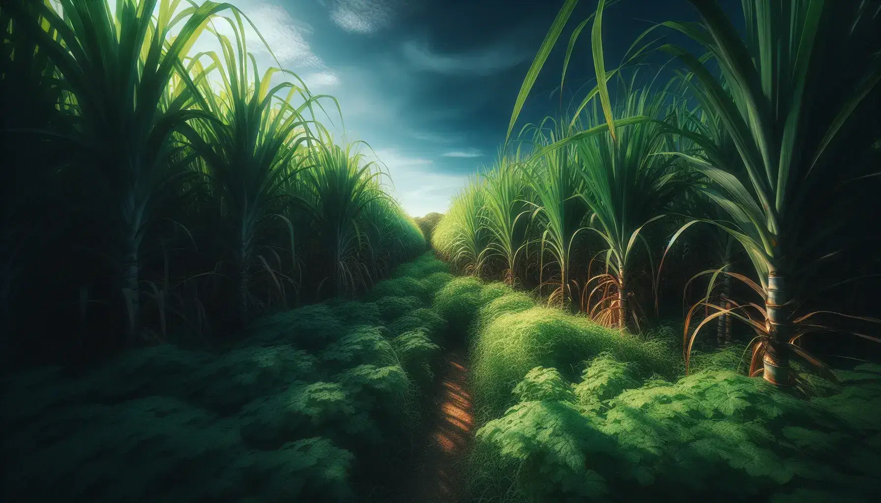 Lush sugarcane field with vibrant green stalks and feathery tassels under a clear blue sky, a narrow dirt path leading through the crop.