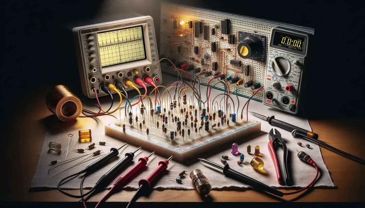 Banco di lavoro tecnico con circuito elettronico su breadboard, multimeter digitale, saldatore, pinzette e oscilloscopio in laboratorio di elettronica.
