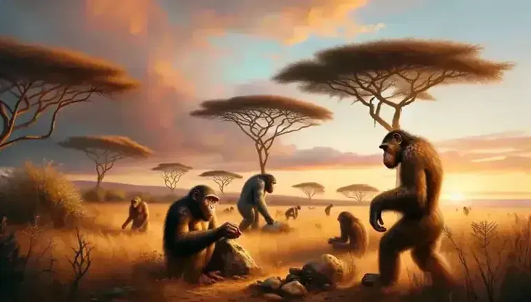 African savannah landscape at sunset with three Australopithecus among golden grass and acacias, monkeys on the ground and hills blurred on the horizon.
