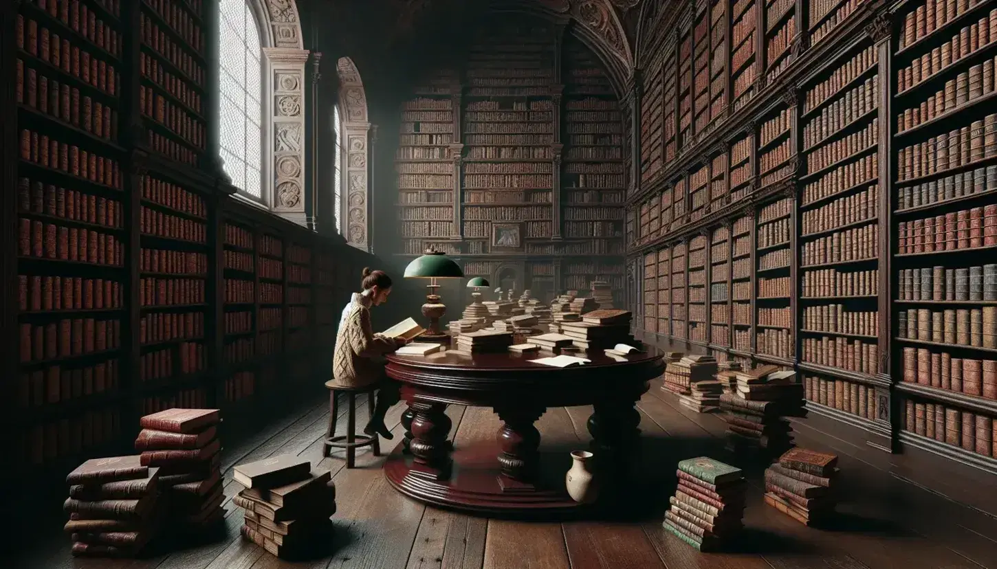 Biblioteca antica con scaffali in legno scuro pieni di libri rilegati, tavolo ovale con libri aperti, persona seduta di spalle e luce naturale da finestra ad arco.