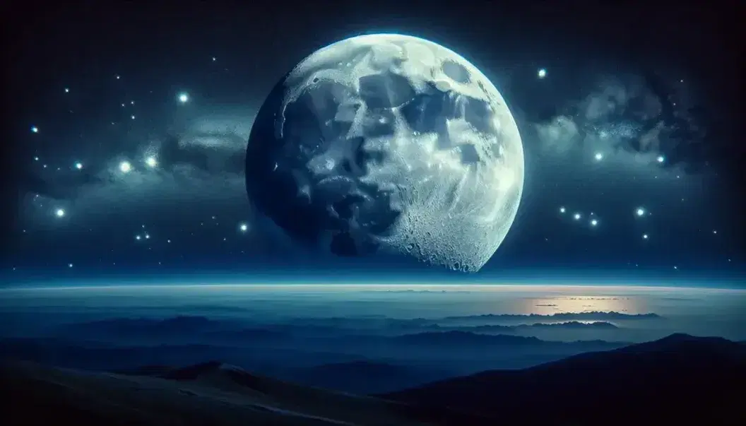 Vista notturna della luna piena dettagliata con crateri visibili, cielo stellato senza nuvole e silhouette di montagne terrestri.