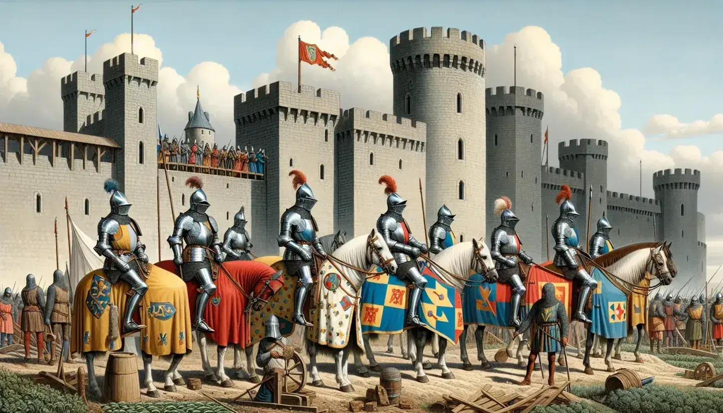 Reconstrucción artística de caballeros medievales del Imperio Carolingio frente a un castillo de piedra, con campesinos trabajando en campos cercanos bajo un cielo azul claro.