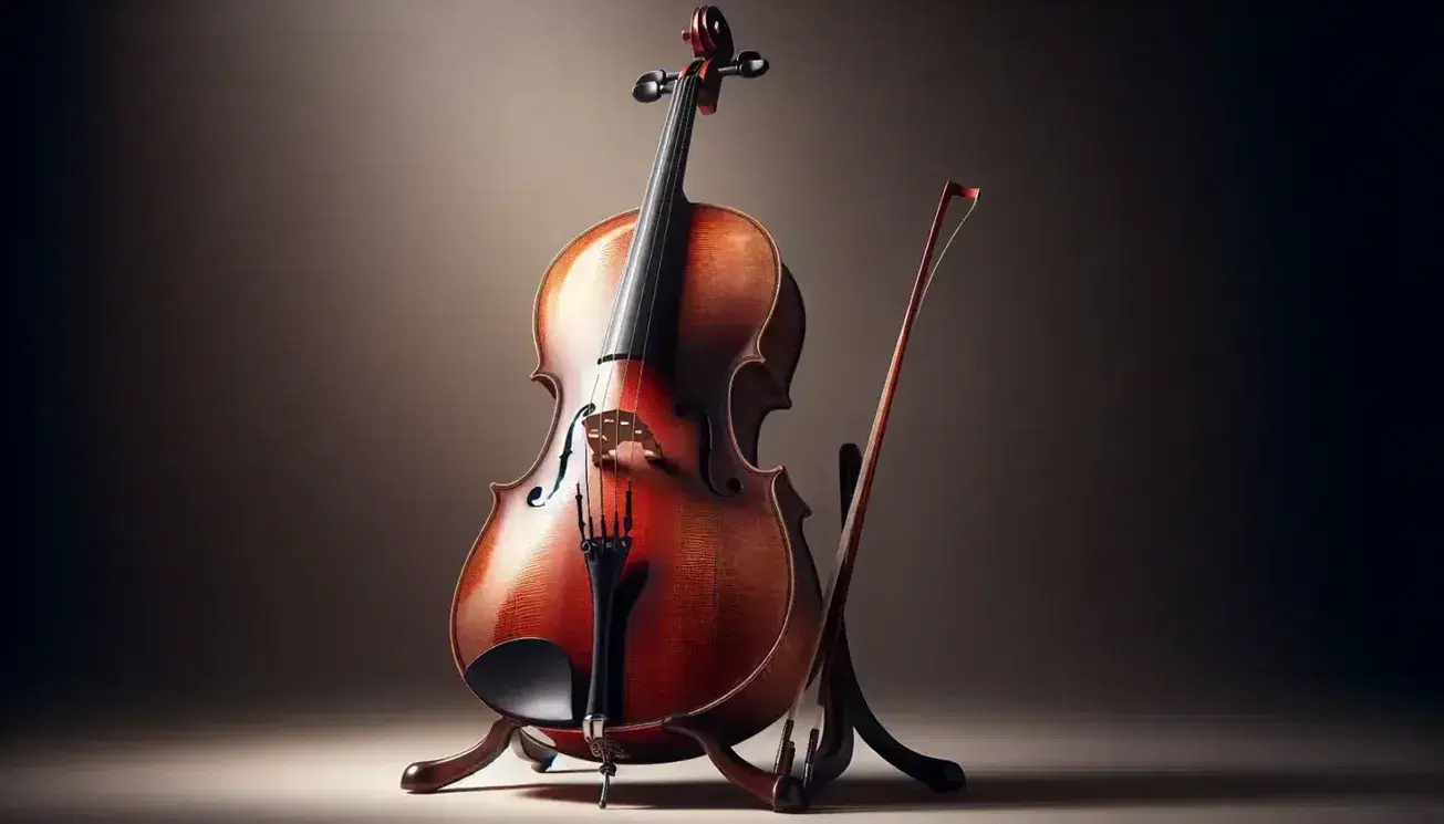 Violoncello verticale su supporto in legno scuro, con archetto, ponticello avorio, tastiera nera e corde tese, su sfondo neutro.