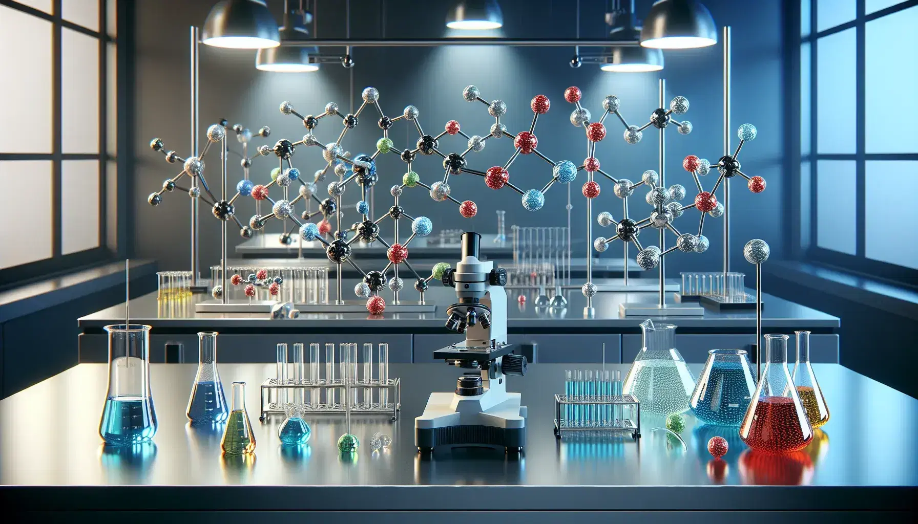 Laboratorio scientifico moderno con tavolo in acciaio, modelli molecolari colorati, microscopio, bilancia analitica e provette su scaffali.