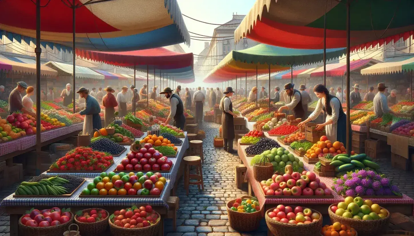 Mercado al aire libre con puestos de frutas y verduras frescas bajo toldos coloridos, clientes comprando y vendedores atendiendo en un día soleado.