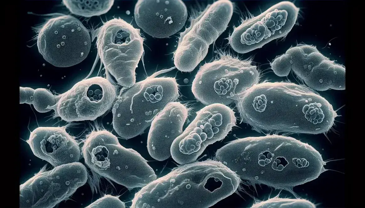 Close-up microscopic view of Entamoeba histolytica trophozoites, showing irregular shapes, granular cytoplasm, and dark-staining nuclei with central karyosomes.