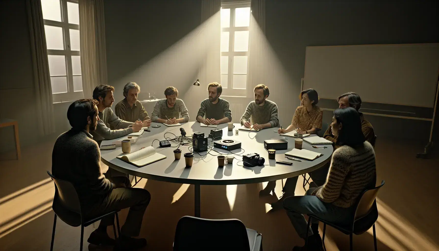 Grupo de cinco personas en reunión de trabajo alrededor de una mesa redonda con cuadernos, grabadora, cámara y taza de café, en una sala iluminada naturalmente.