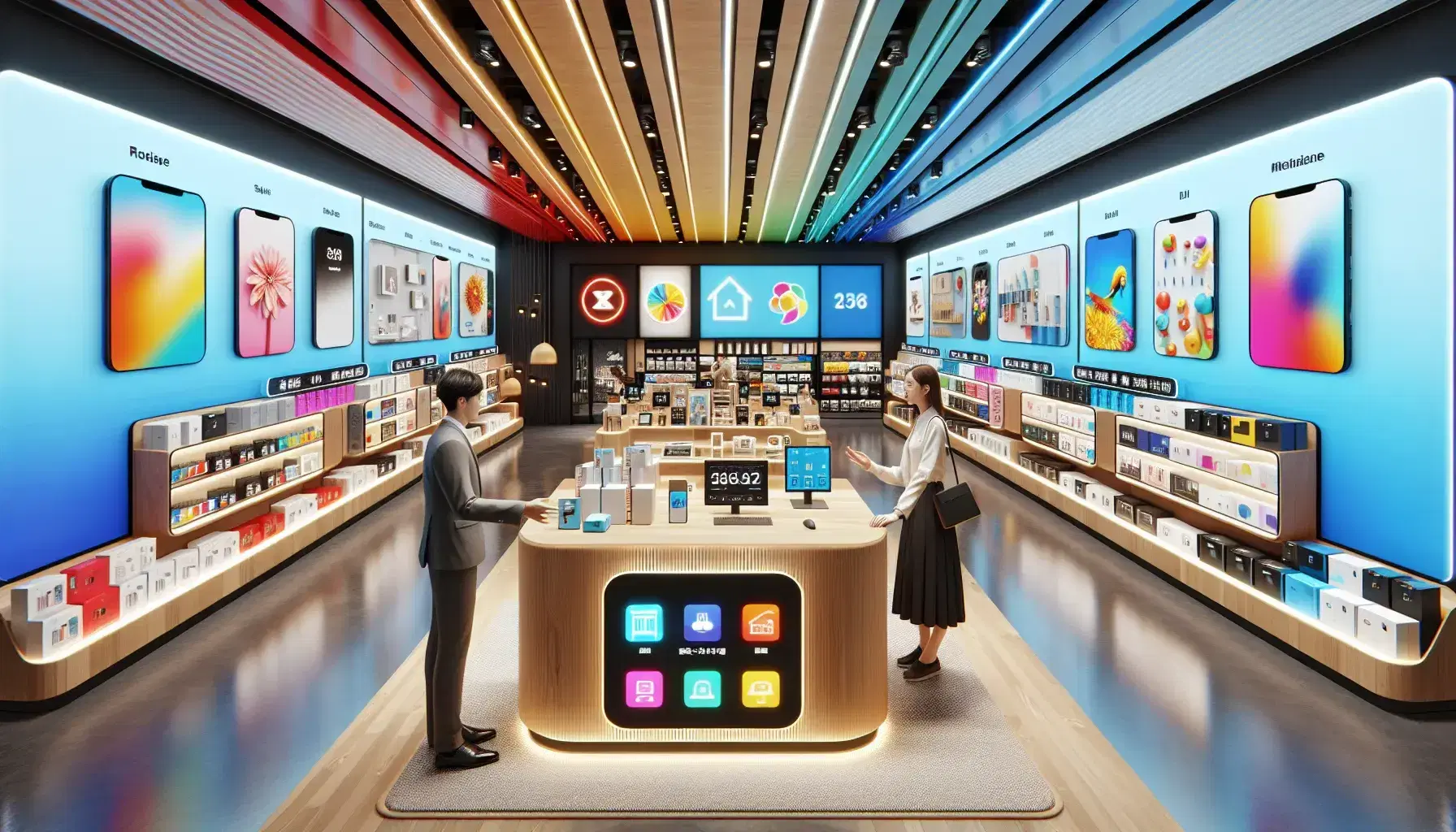 Interno negozio moderno con bancone vendita in legno, dipendente che assiste cliente, scaffali colorati con prodotti vari e insegne categoria.