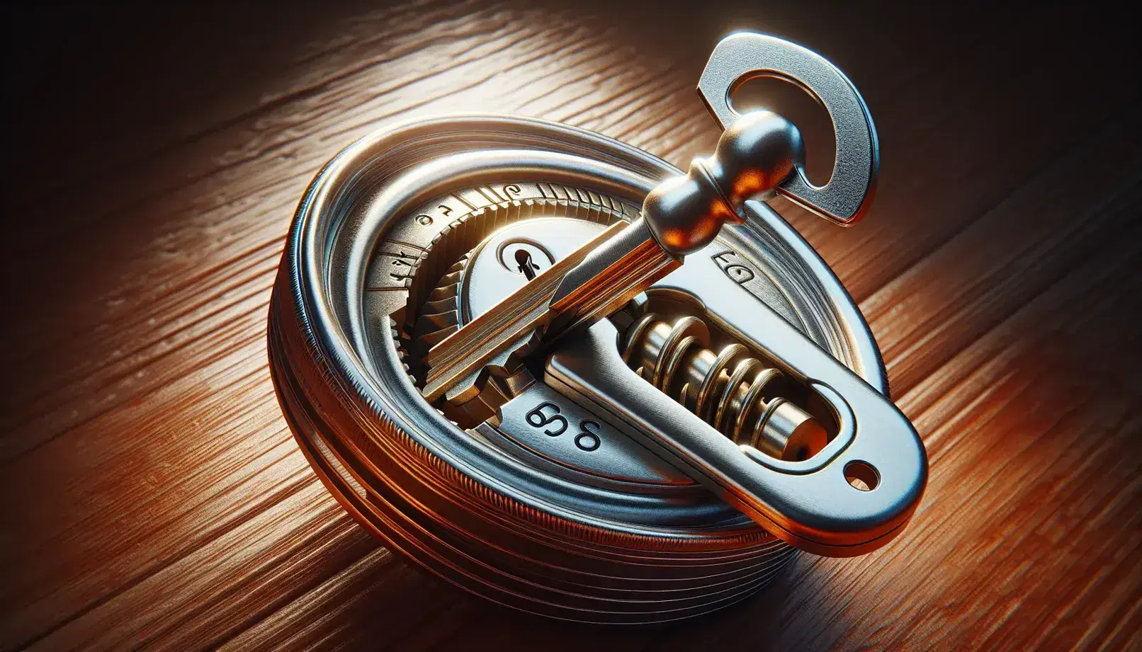 Close-up of a cylinder lock with key partially inserted, mounted on a polished red-brown wooden surface.