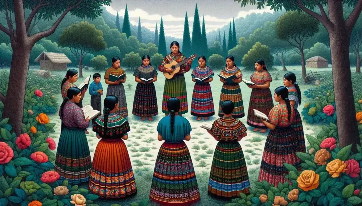 Mujeres indígenas en semicírculo en entorno natural, una lee un libro y otra toca un instrumento de cuerda, vestidas con blusas coloridas y faldas tradicionales, rodeadas de vegetación y flores silvestres.