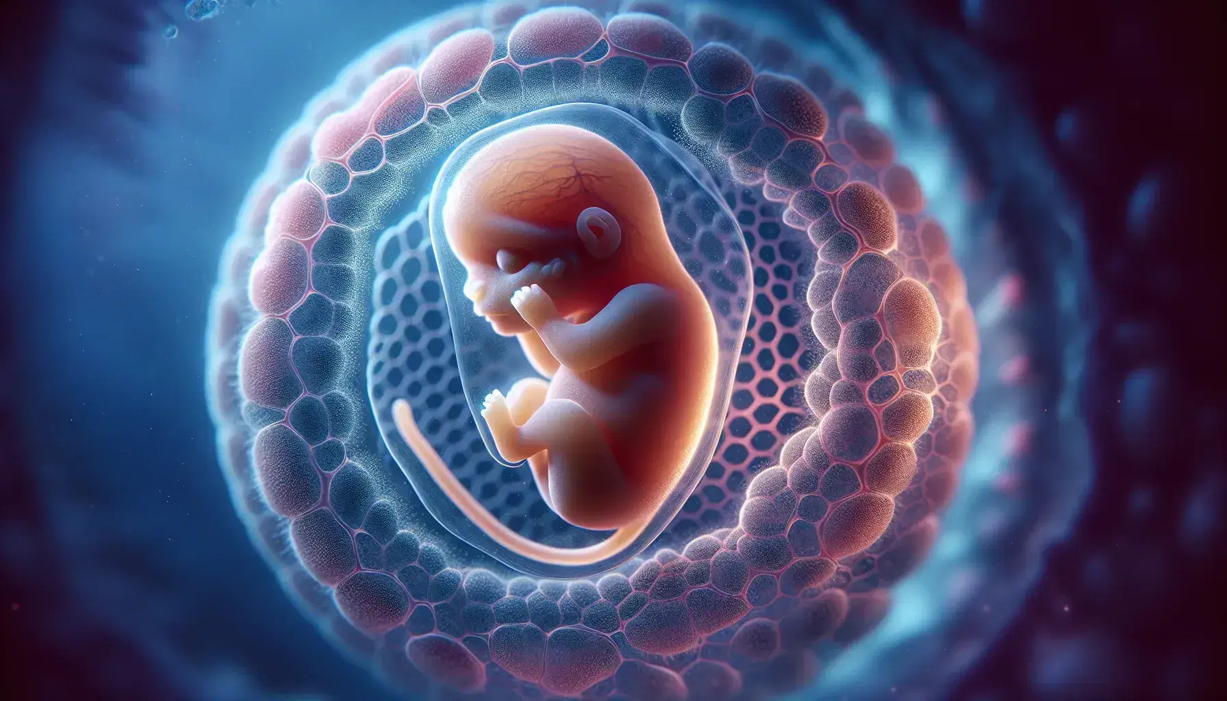 Embrión humano en etapa inicial de desarrollo con estructuras cerebrales emergentes, rodeado por saco amniótico tipo panal y placenta vascularizada en fondo azul acuoso.