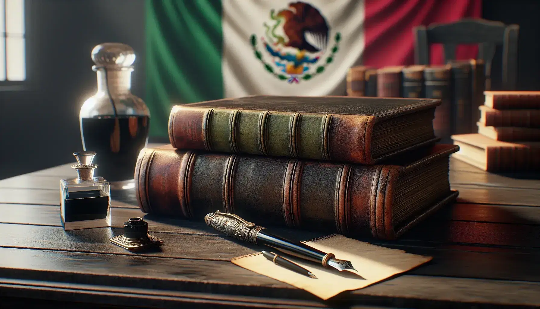Tres libros antiguos apilados sobre mesa de madera oscura, con pluma fuente y tintero de vidrio al lado, y bandera de México desenfocada al fondo.