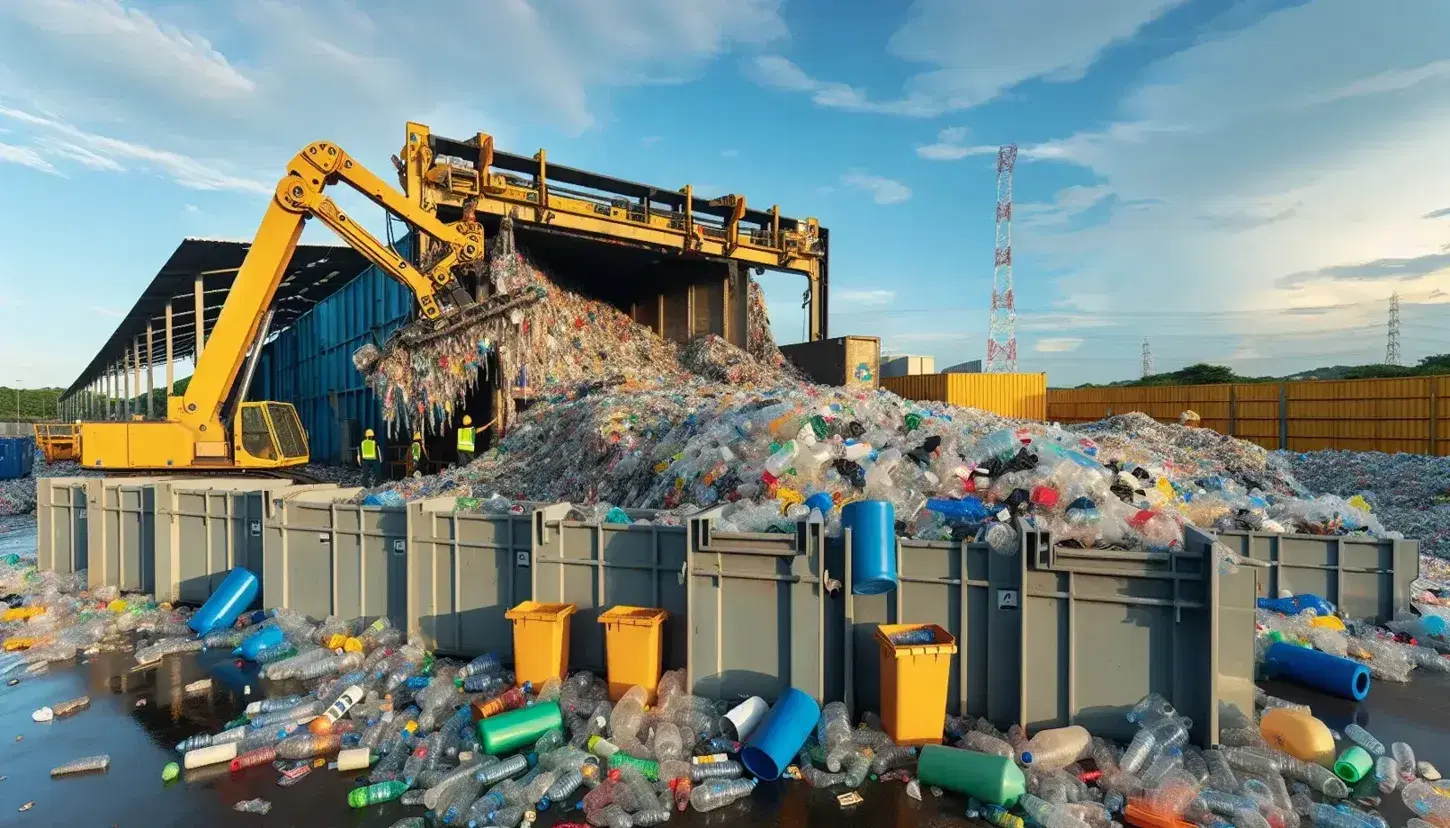 Centro di riciclaggio all'aperto con pala meccanica gialla che movimenta rifiuti plastici colorati in una giornata soleggiata.