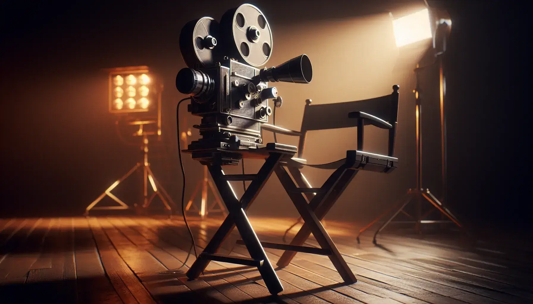 Vecchia cinepresa su treppiede con lente sporgente e sfondo sfocato di set cinematografico, sedie da regista e luci soffuse.