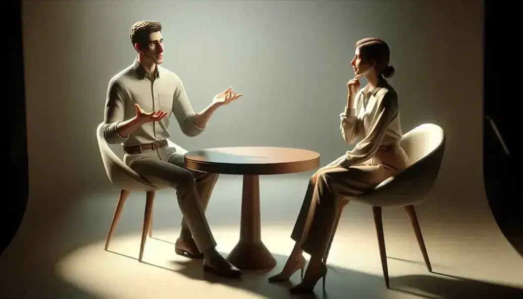 Dos personas conversando animadamente, una de pie gesticulando y la otra sentada atenta, alrededor de una mesa redonda en un entorno neutro.