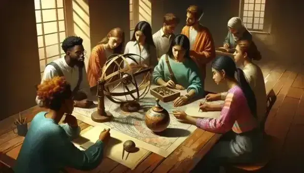 Group of students examines ancient artifacts: black man with clay vase, white woman with astrolabe, Hispanic man with scroll and Middle Eastern woman draws vase.