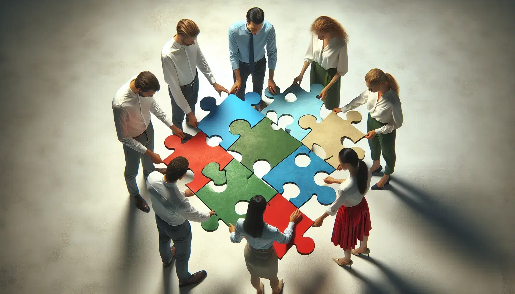 Equipo de cinco profesionales colaborando en la construcción de un rompecabezas de colores, simbolizando trabajo en equipo y solución de problemas.
