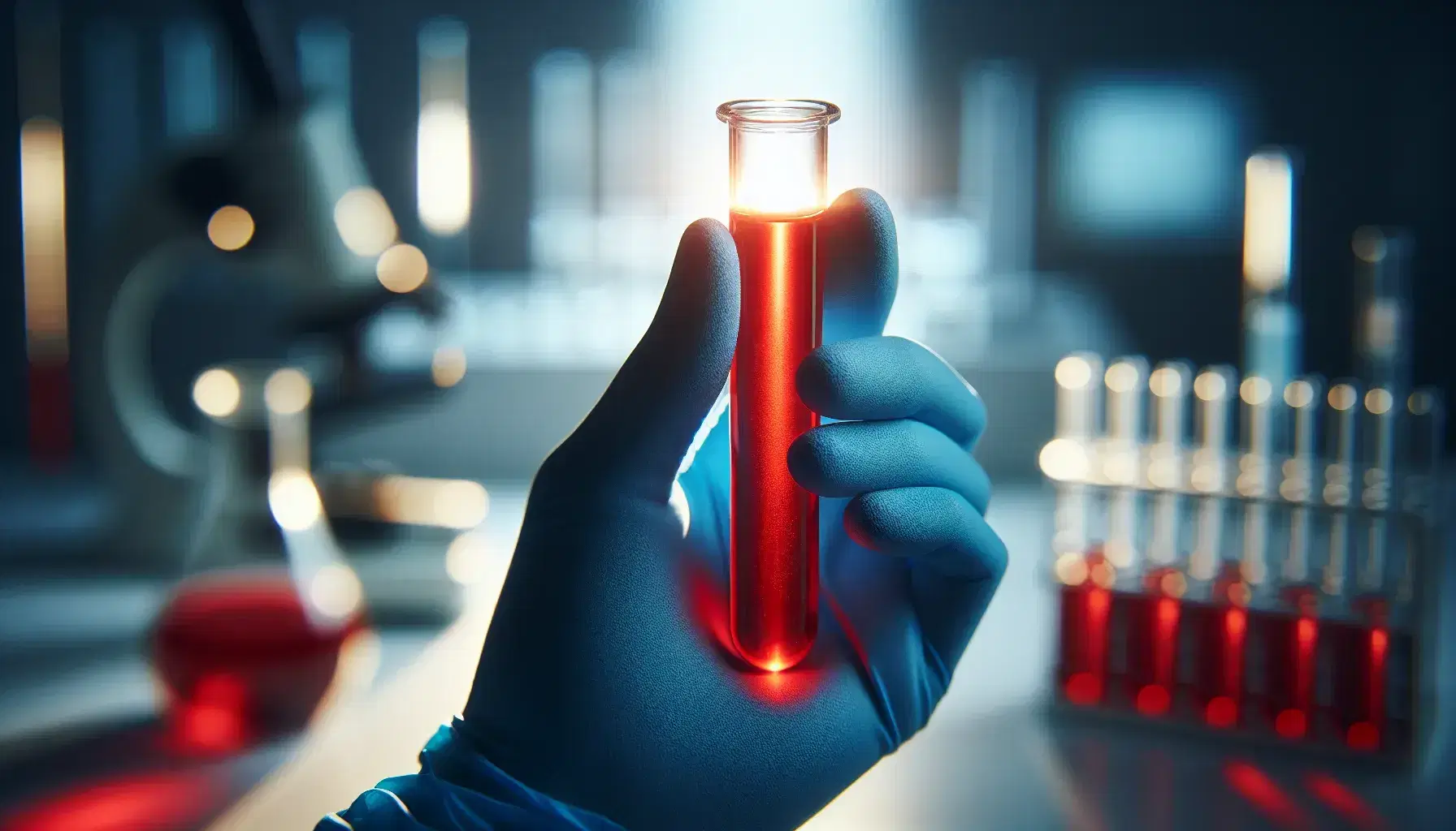 Mano con guante azul sostiene probeta con líquido rojo en laboratorio desenfocado, reflejando la luz y destacando el color.