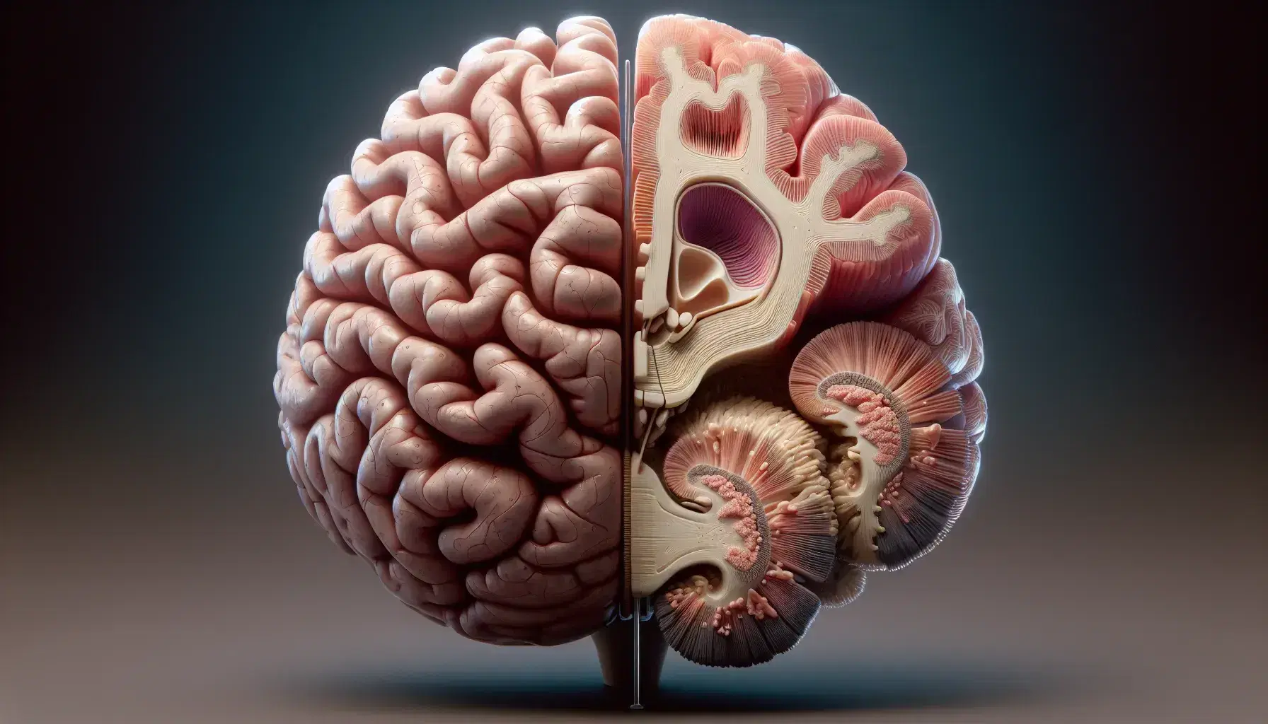 Detailed model of a dissected left cerebral hemisphere, with highlighted hippocampus and amygdala, on a neutral background.