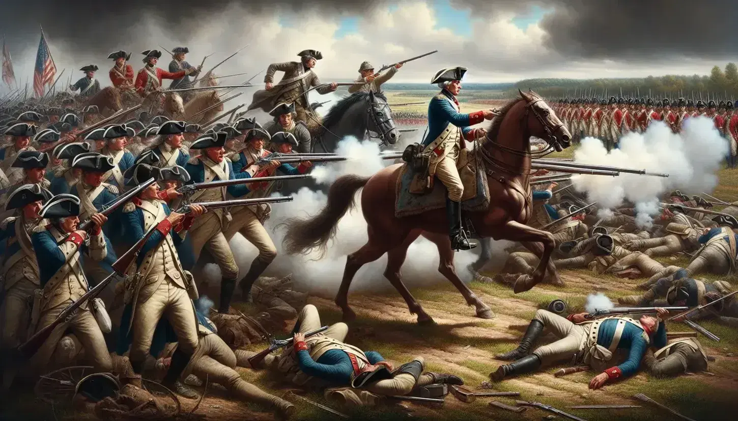 American Revolutionary War battle scene with Continental Army soldiers in blue and buff uniforms fighting against British troops.