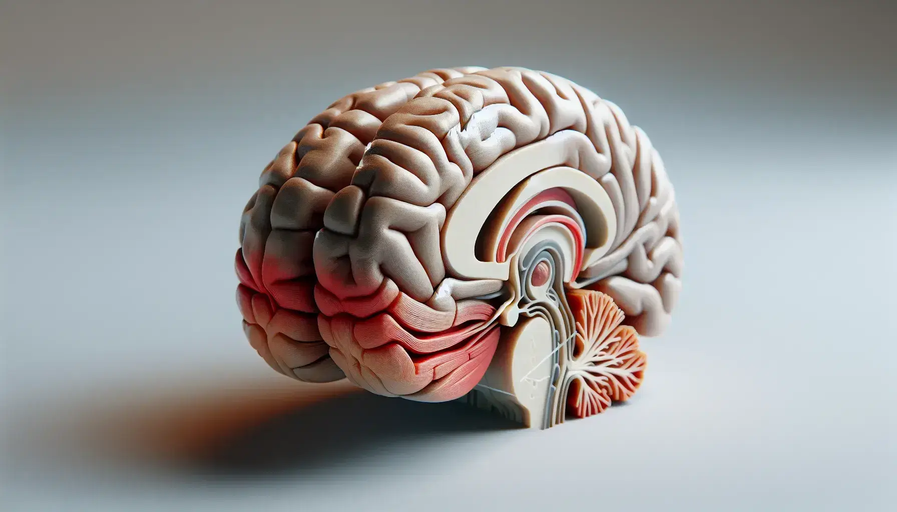Modelo anatómico detallado del cerebro humano seccionado mostrando la glándula pituitaria en color distintivo, ubicada en la base y conectada al hipotálamo.