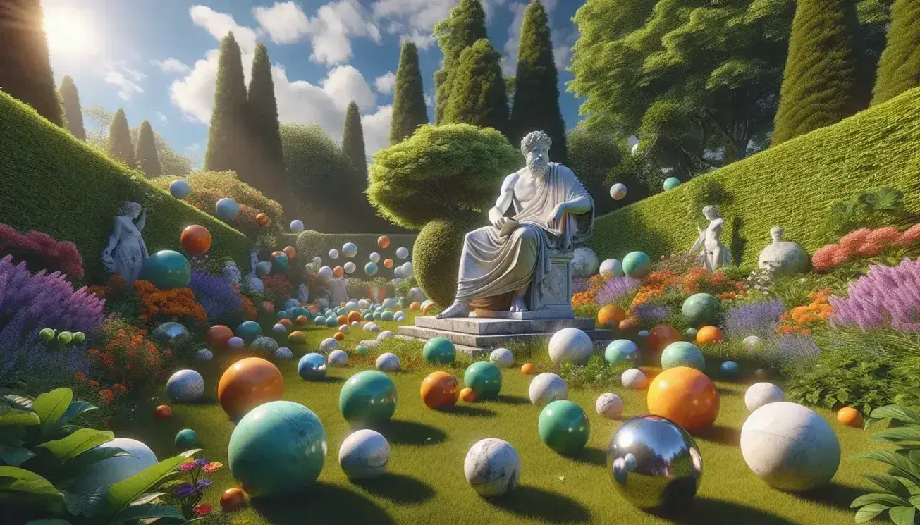 Giardino rigoglioso con statua di marmo bianco di Epicuro seduto, sfere colorate sospese e su erba, cielo azzurro con nuvole sparse.