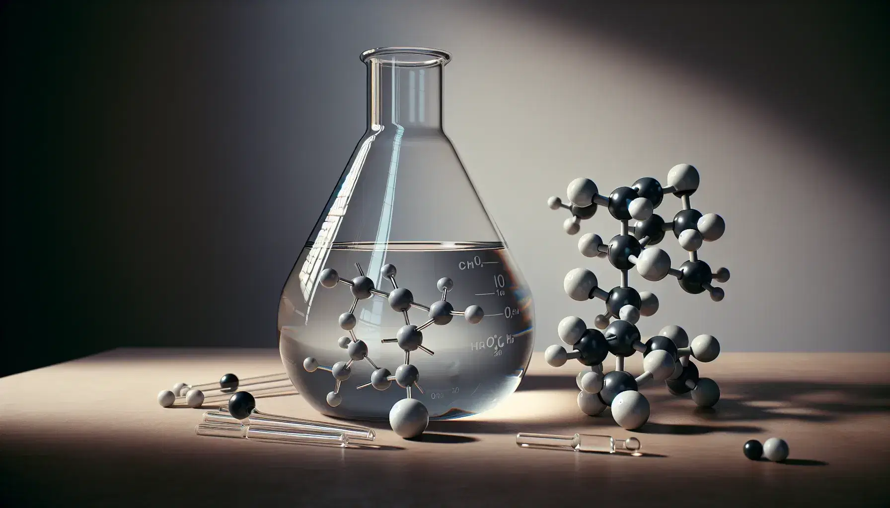 Glass flask with colorless liquid on wooden laboratory bench, next to a molecular kit with carbon and hydrogen atoms.