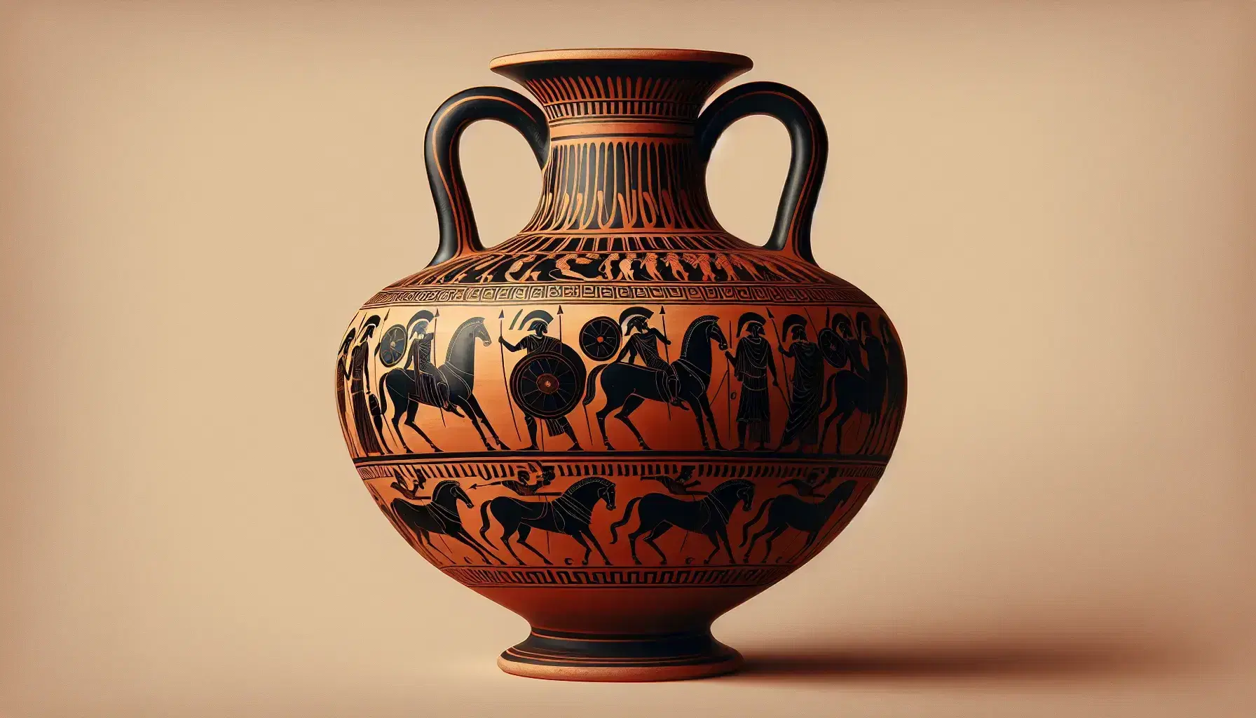 Anfora greca antica con figure nere su fondo terracotta raffiguranti guerrieri e carri da guerra, dettagli artistici evidenti, su sfondo neutro.