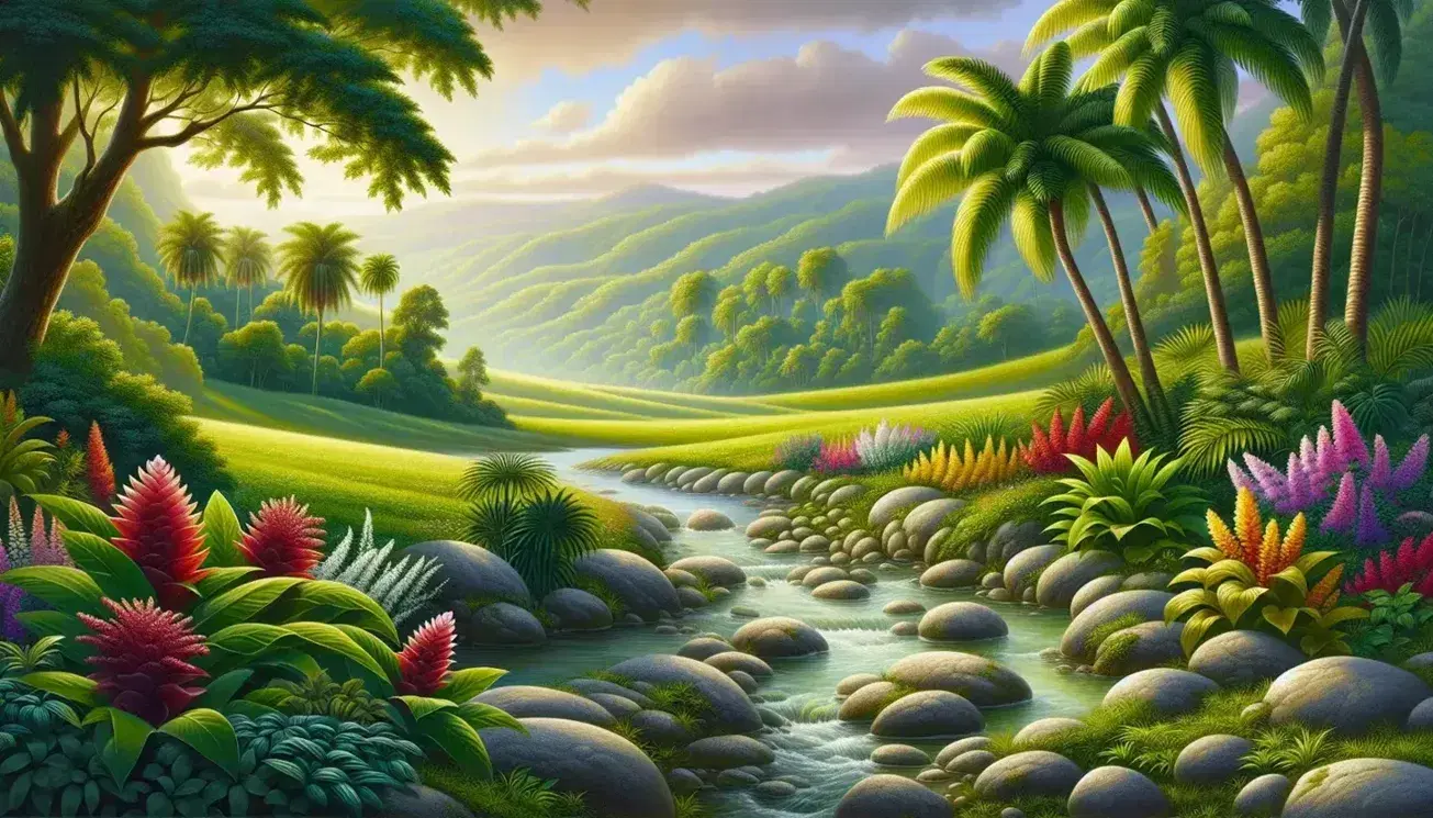 Serene countryside landscape with a clear stream, rounded stones, vibrant green grass, tropical palm trees, colorful flowers, rolling hills, and a soft blue sky.