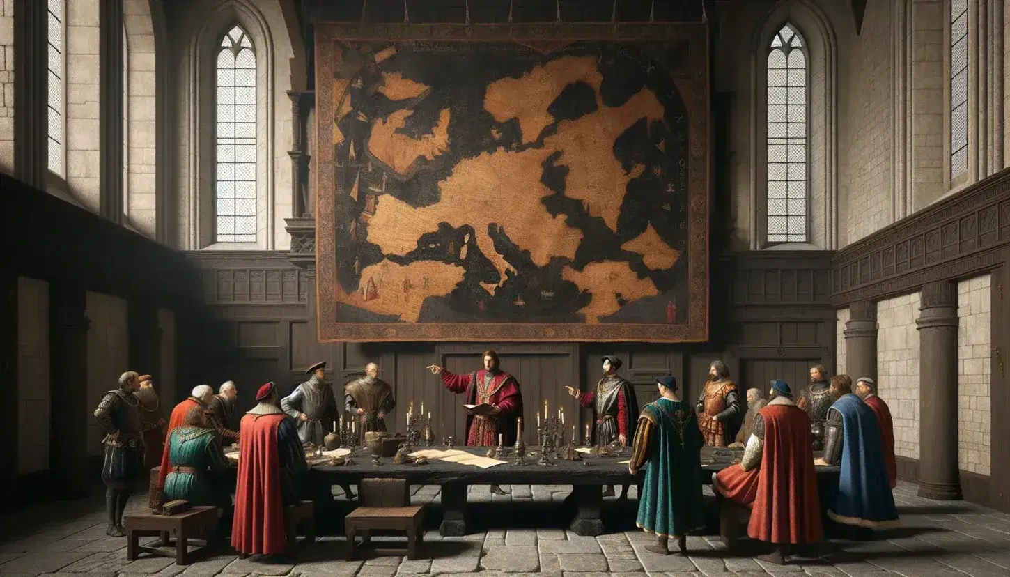 Sala medievale con nobili in costumi d'epoca attorno a un tavolo di legno, indicando una mappa appesa, sotto finestre ad arco.