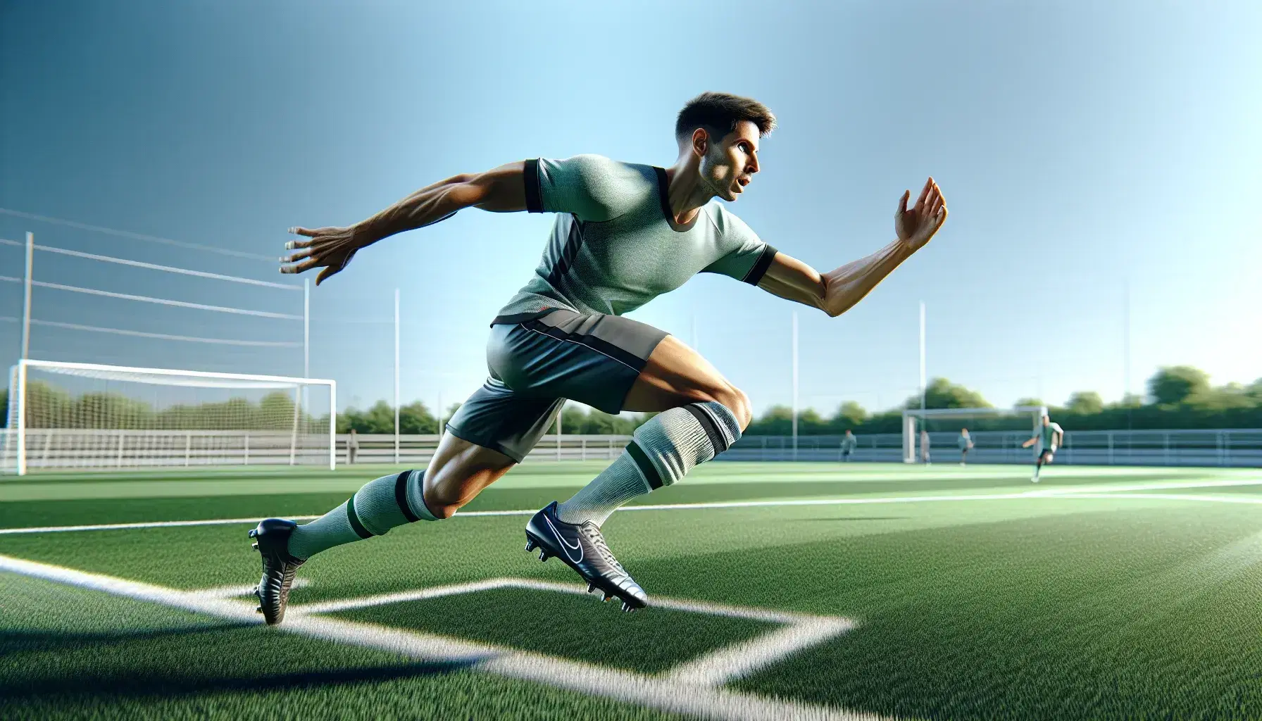 Jugador de fútbol en plena aceleración en campo verde, con equipación deportiva, expresión concentrada y cielo azul despejado de fondo.