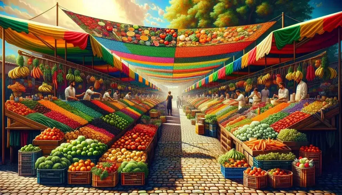 Mercato all'aperto con banchi colorati di frutta e verdura fresca, venditori e clienti interagiscono in una giornata soleggiata.