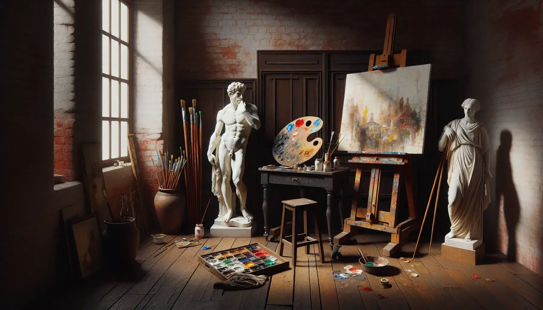 Estudio de arte clásico con caballete y paleta de colores, lienzo en blanco, estatua pensativa, pinceles y elementos de pintura bajo luz natural.