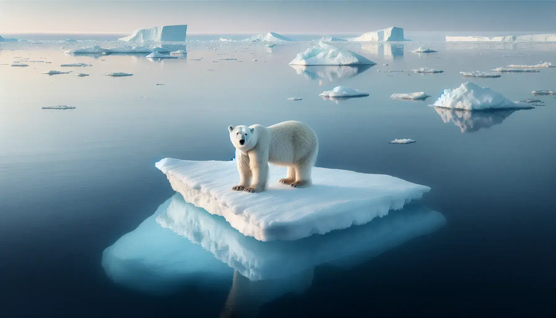 Polar bear on small iceberg in the middle of the Arctic Ocean, surrounded by blue water and other icebergs, under a clear sky.