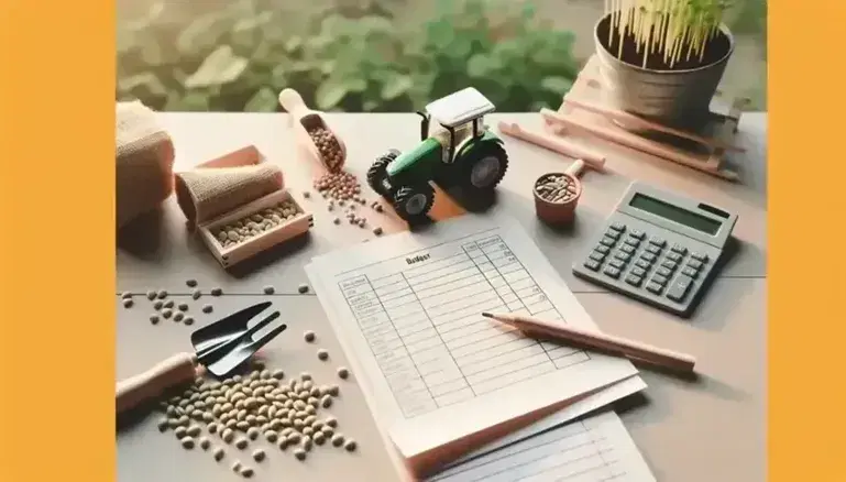 Scrivania in legno chiaro con attrezzi agricoli in miniatura, calcolatrice grigia, trattore giocattolo verde e semi vari, senza testo visibile.