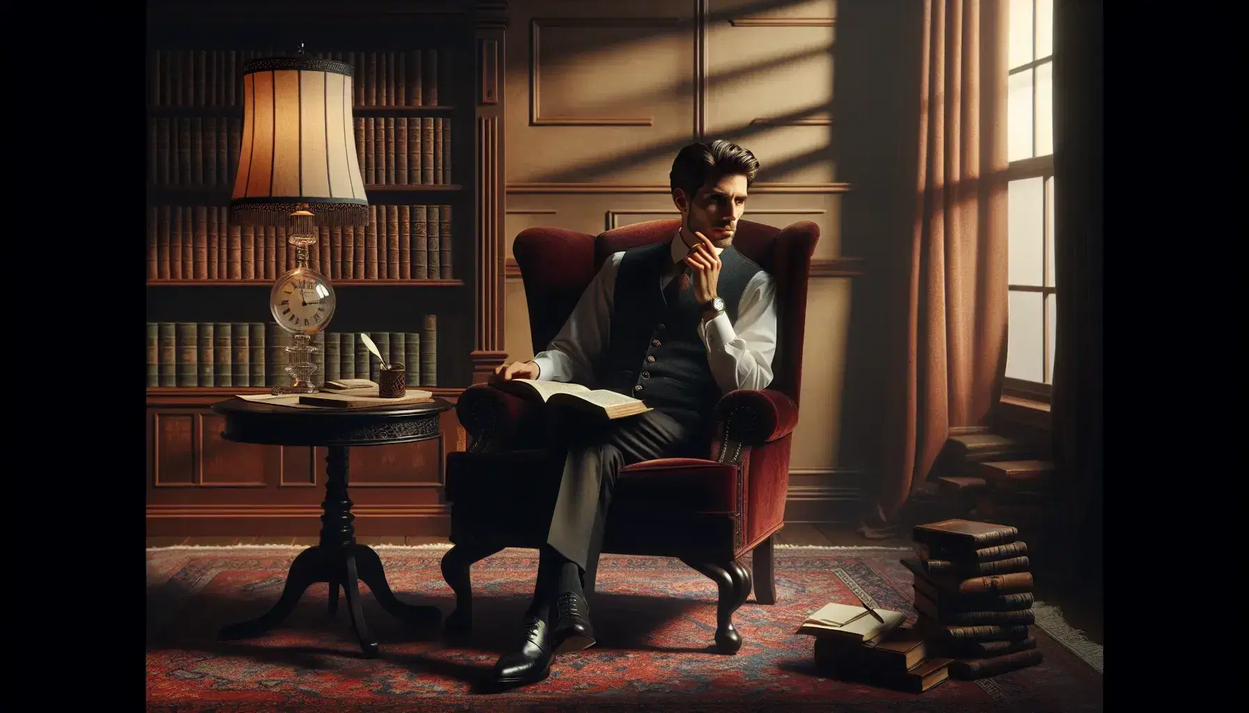 Uomo elegante in abito vittoriano riflette seduto su poltrona in velluto, con libro e penna su tavolino, in biblioteca classica.
