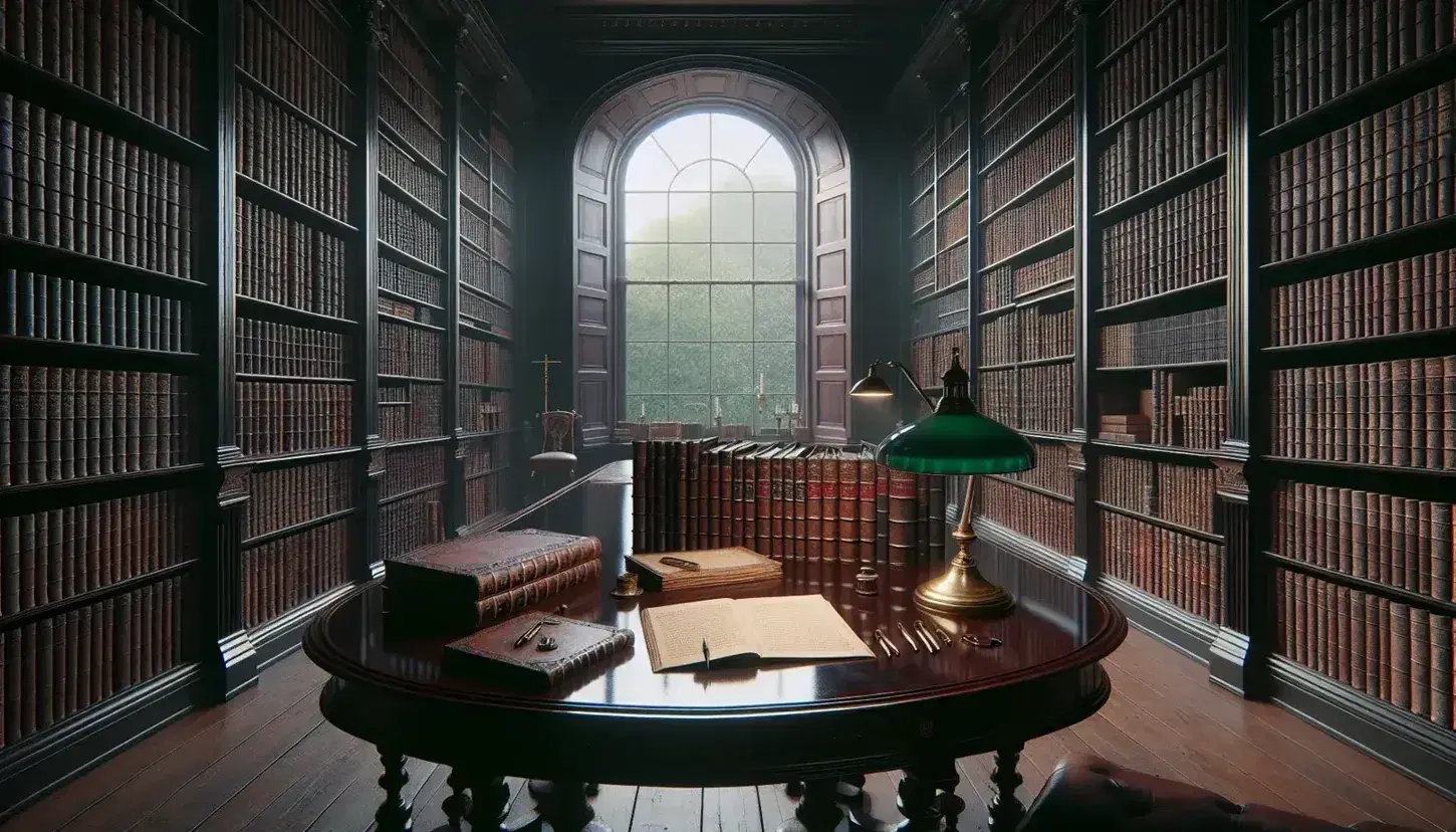 Biblioteca storica con scaffali in legno scuro pieni di volumi rilegati, tavolo ovale con documenti antichi e lampada in ottone.