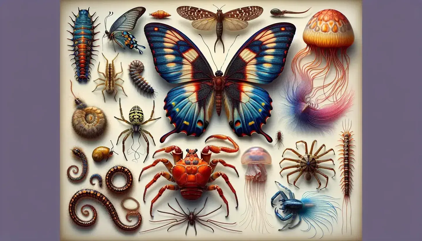 Farfalla variopinta, ragno su tela, granchio rosso-arancio, polpo viola, medusa traslucida e millepiedi avvolto su un ramo.