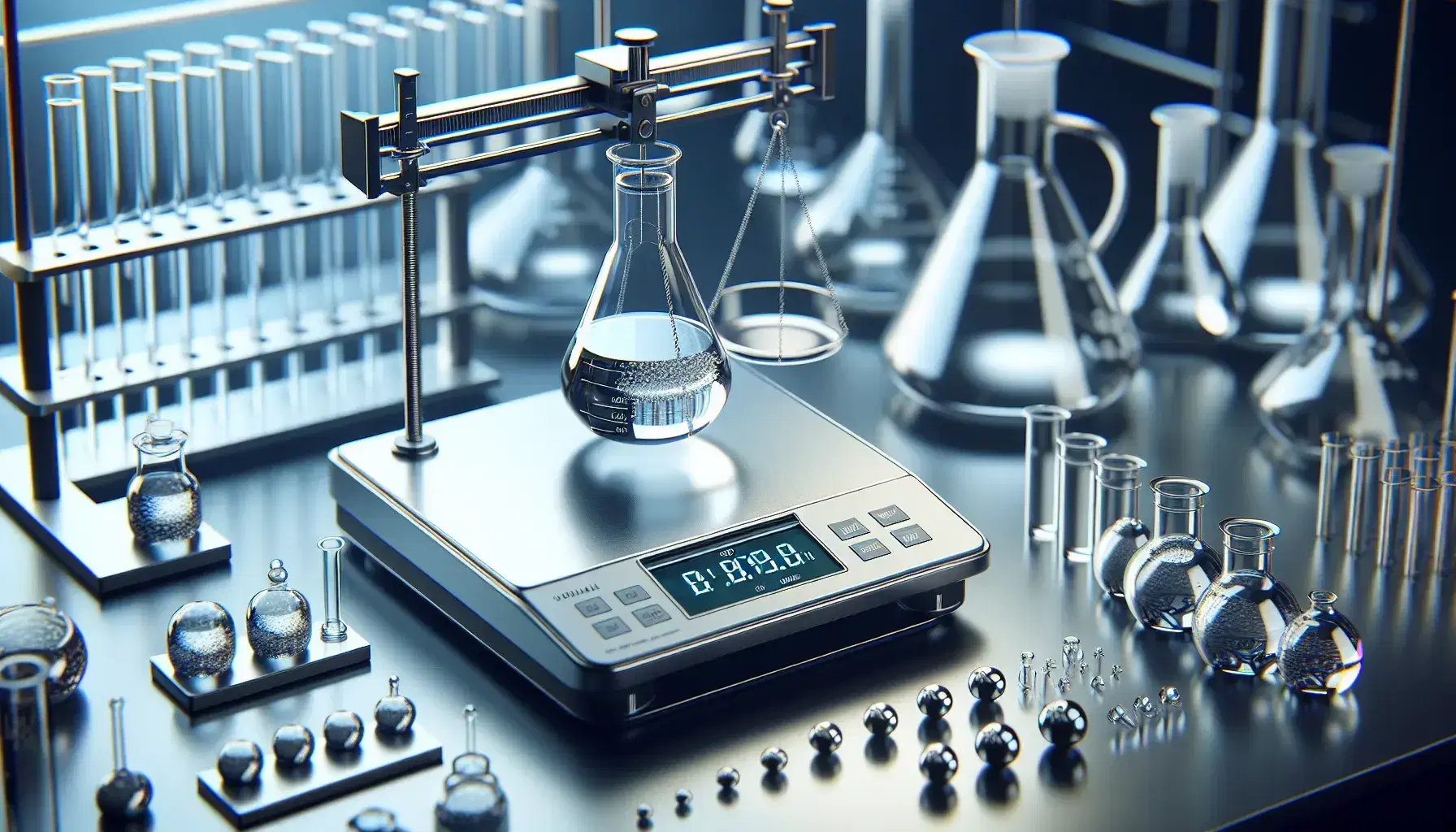 Digital precision balance in laboratory with glass beakers and colorless liquid, calibrated weights and chemistry glassware in the background.