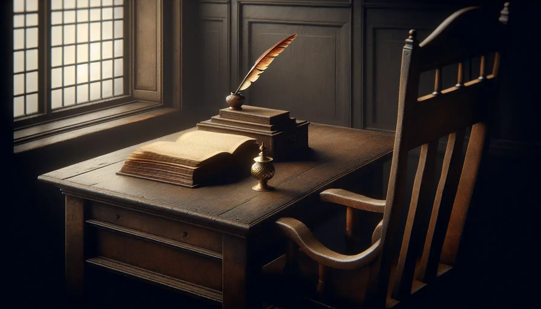 17th-century study room with a dark wooden desk, open aged book, quill and brass inkwell, high-backed chair, and a tall narrow window.