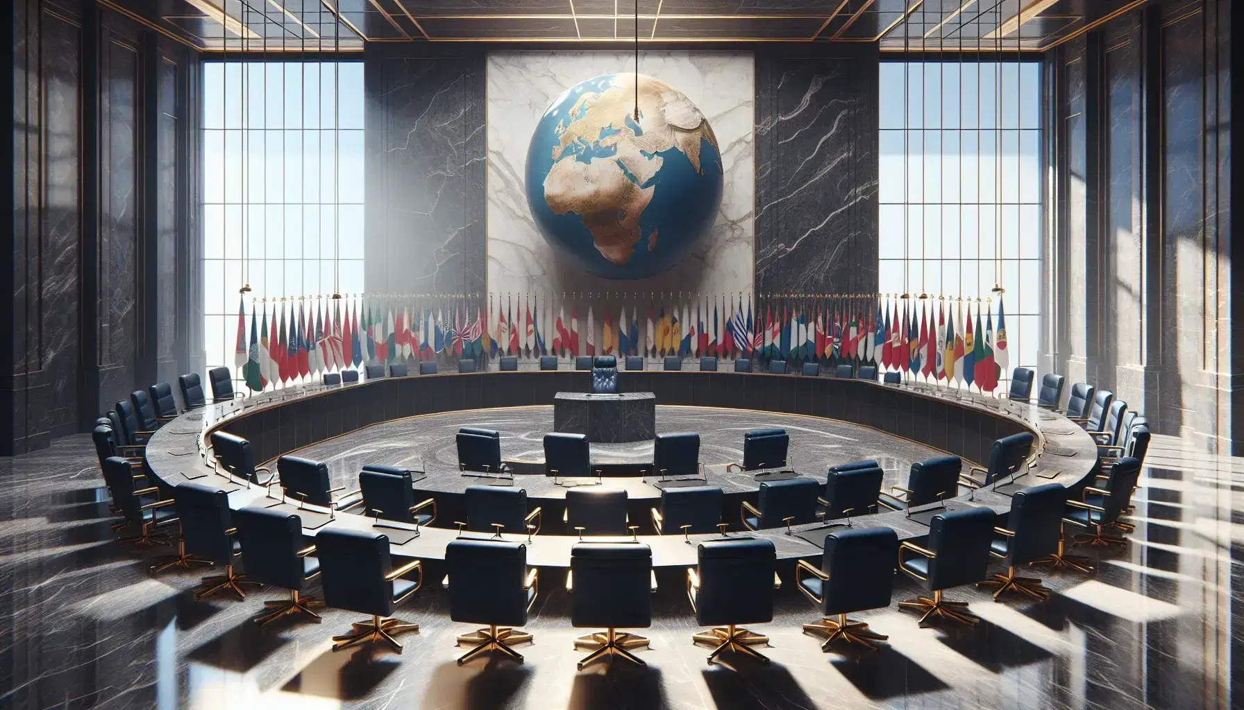 Sala cerimoniale con pareti e scrivania semicircolare in marmo, sedie in pelle blu, file di bandiere e globo terrestre su supporto in legno.
