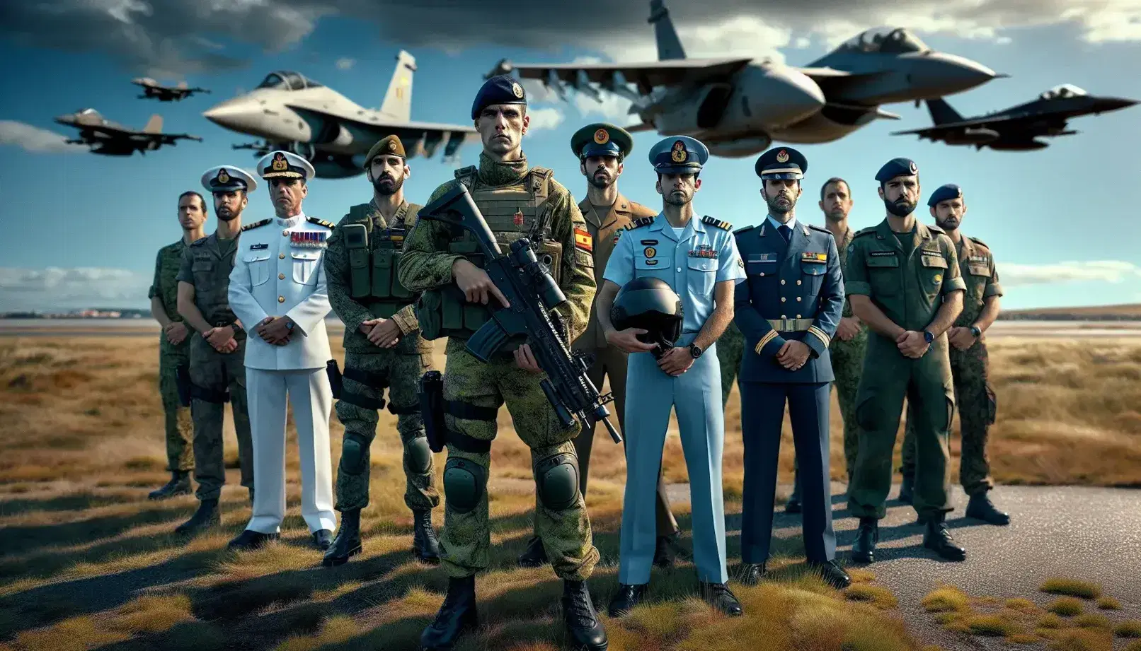 Spanish military and security forces in uniform stand in a semi-circle on a green field under a clear blue sky, showcasing inter-branch cooperation.