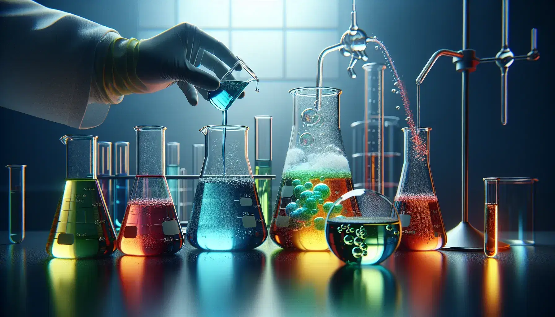 Science laboratory with glass beakers containing colored liquids, hand in white glove pours red solution into a flask with green liquid.