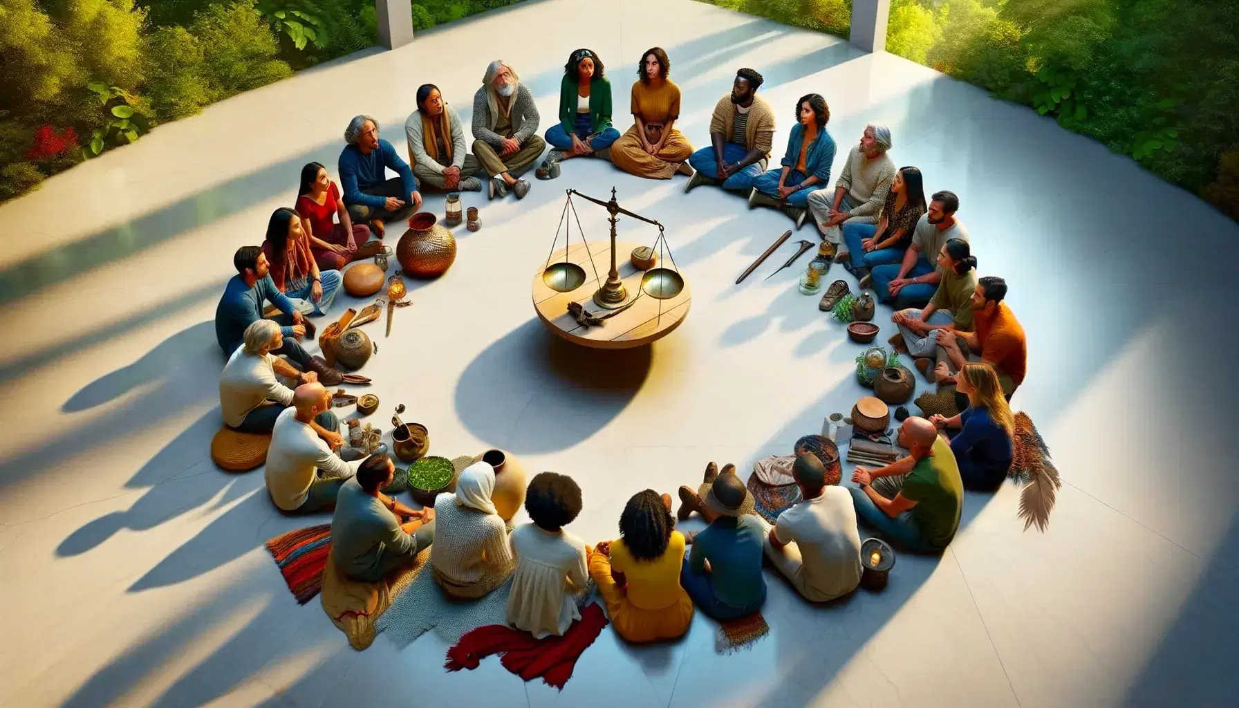 Grupo diverso de personas sentadas en círculo con una mesa redonda al centro con balanza, brújula y lámpara de aceite, en un espacio iluminado naturalmente.