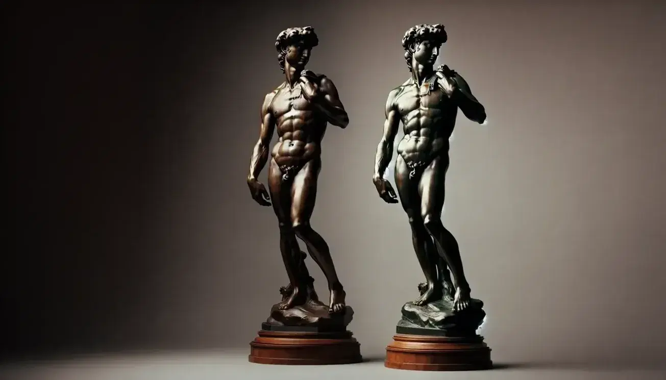 Statua in bronzo di David di Donatello con posa contrapposto, cappello piumato, spada e testa di Golia ai piedi, riflessi chiaroscurali.