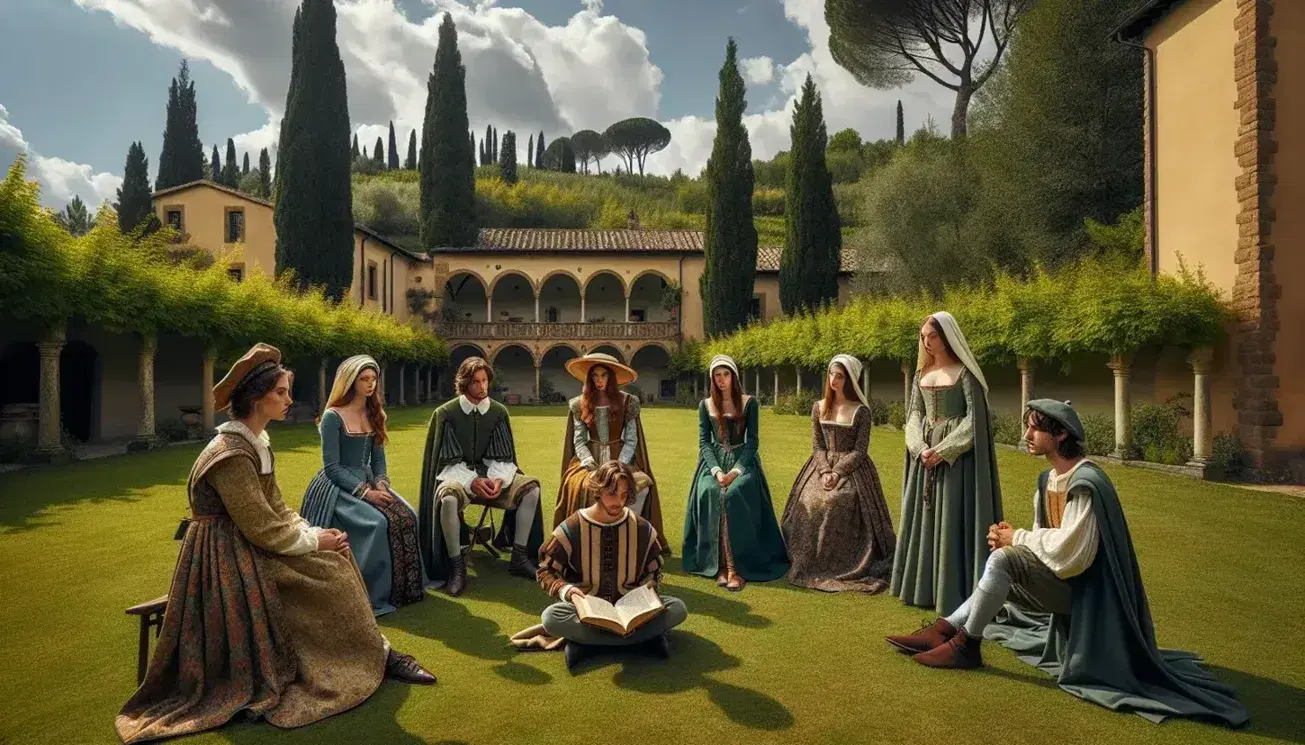 Gruppo di giovani in abiti medievali fiorentini ascolta una lettura su prato verde, con villa del XIV secolo sullo sfondo toscano.